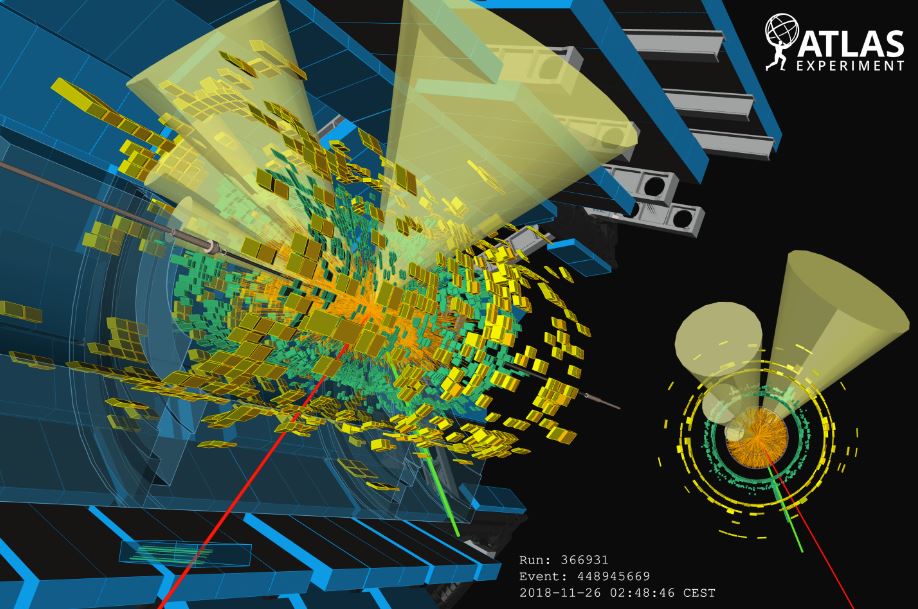 Representación artística de una colisión plomo-plomo a 5.02 TeV por par de nucleones que dio lugar a un par candidato de quarks top que decaen en otras partículas. El suceso contiene cuatro chorros de partículas (conos amarillos), un electrón (línea verde) y un muón (línea roja). El recuadro muestra una vista axial del suceso