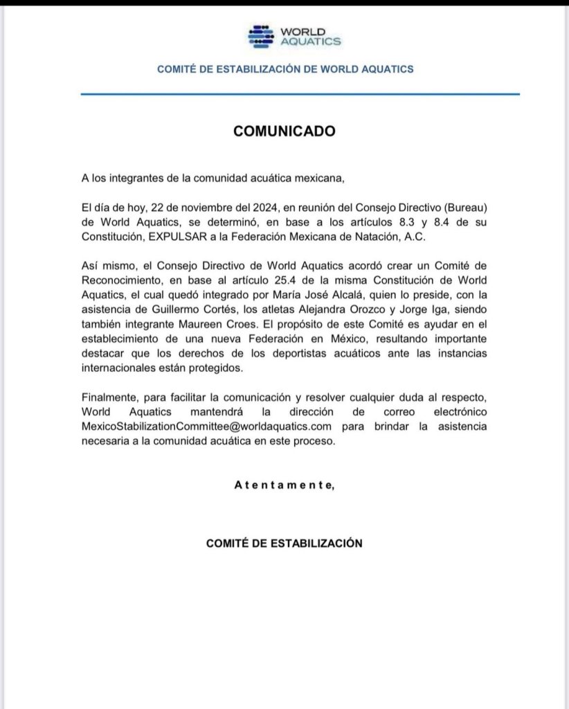 World Aquatics expulsa a la Federación Mexicana de Natación