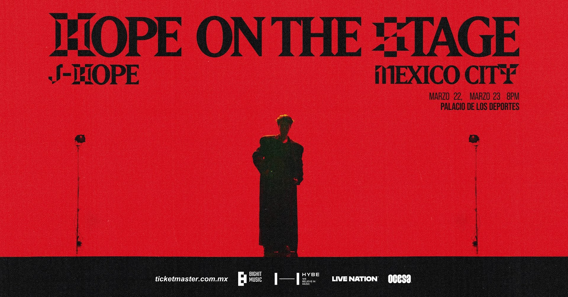 Imagen promocional del concierto de j-hope, integrante de BTS, titulado HOPE ON THE STAGE en la Ciudad de México. El fondo es rojo intenso con la silueta del artista en negro, rodeado de un diseño minimalista.