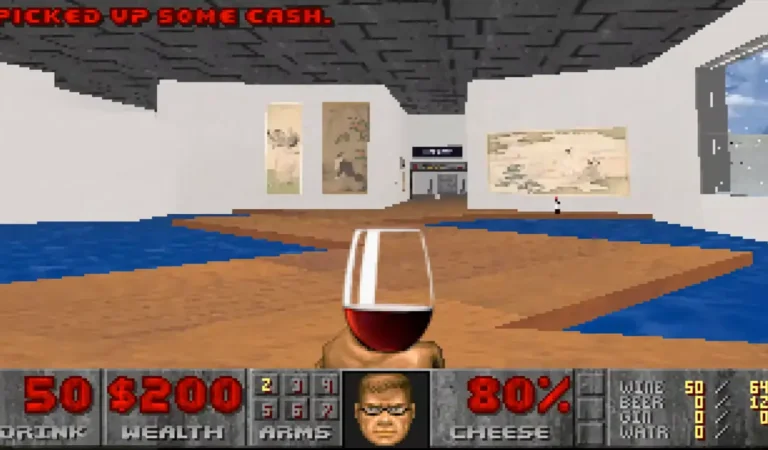 Modificaron el clásico Doom en una galería de arte donde Doomguy toma vino