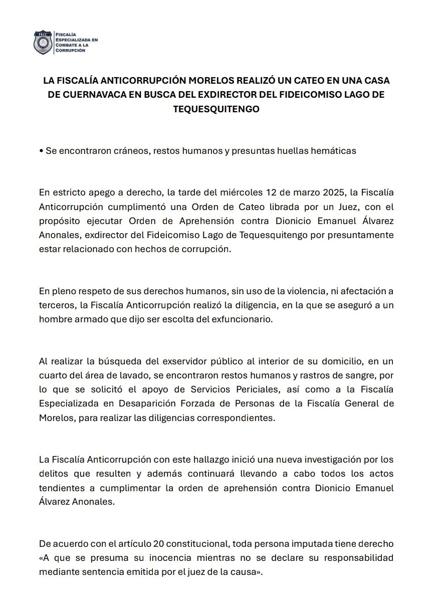 Comunicado Fiscalía Anticorrupción de Morelos