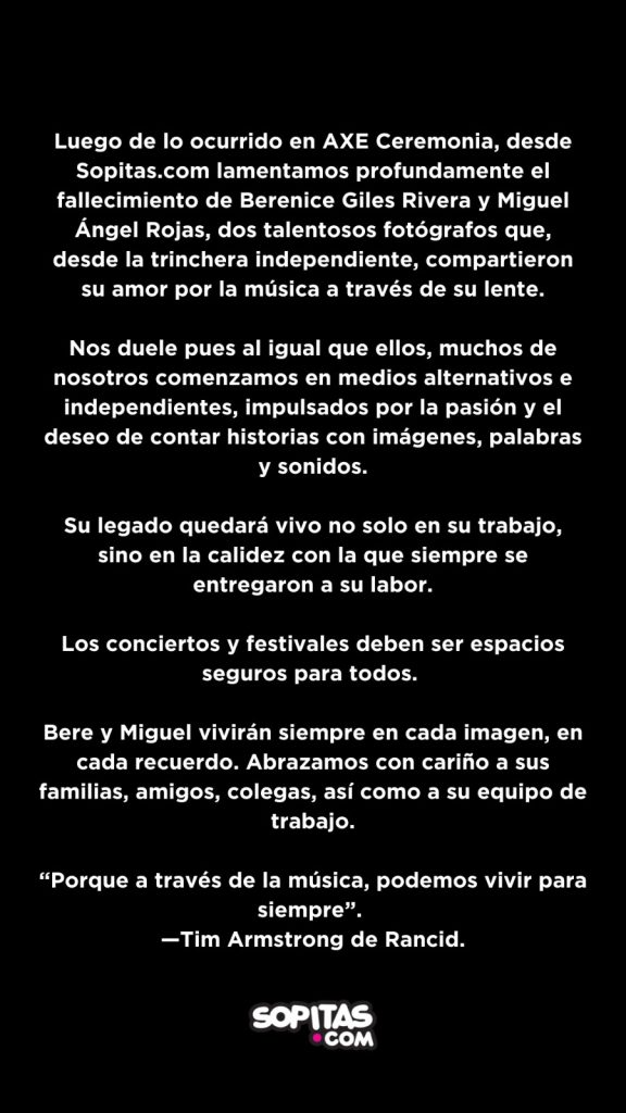 Comunicado Sopitas fallecimiento fotógrafos axe ceremonia berenice giles